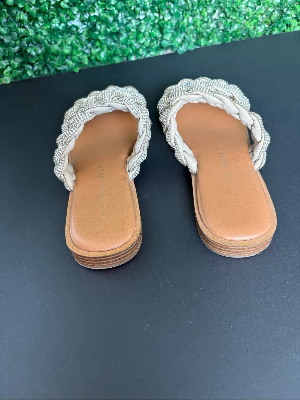 Sincerely Jules Braided Rhinestone Double-Strap Slip on Sandals - Silver on Tan